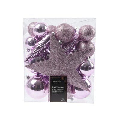 Kerstballen mixbox met piek 33-delig | fris lila | kunststof/onbreekbaar | diverse maten