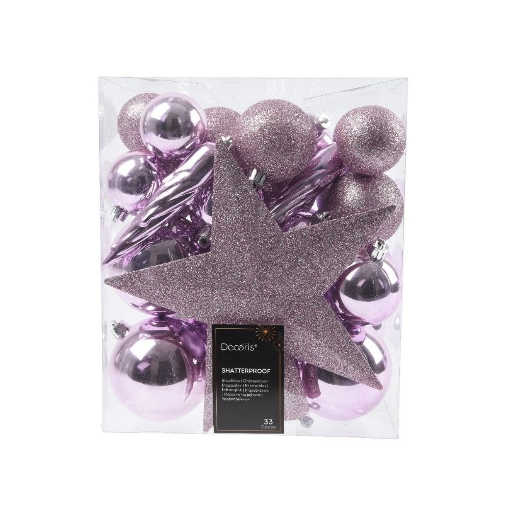 Kerstballen mixbox met piek 33-delig | fris lila | kunststof/onbreekbaar | diverse maten