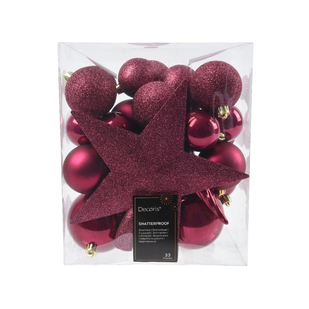 Kerstballen mixbox met piek 33-delig | granaatappel | kunststof/onbreekbaar | diverse maten