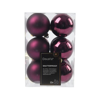 Kerstballen set 12-delig | donker mauve | kunststof/onbreekbaar | 6cm