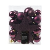 Kerstballen mixbox met piek 33-delig | donker mauve | kunststof/onbreekbaar | diverse maten