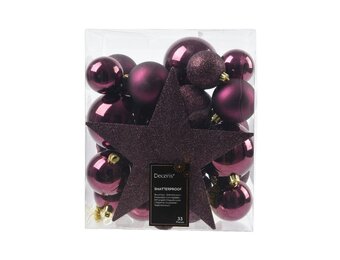 Kerstballen mixbox met piek 33-delig | donker mauve | kunststof/onbreekbaar | diverse maten
