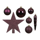 Kerstballen mixbox met piek 33-delig | donker mauve | kunststof/onbreekbaar | diverse maten