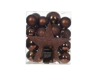 Kerstballen mixbox met piek 33-delig | espresso | kunststof/onbreekbaar | diverse maten