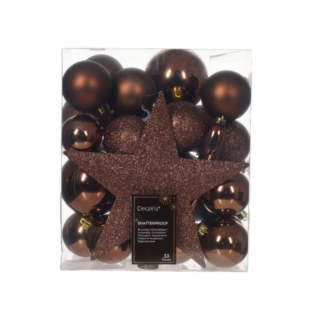 Kerstballen mixbox met piek 33-delig | espresso | kunststof/onbreekbaar | diverse maten