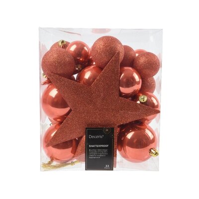 Kerstballen mixbox met piek 33-delig | pompoen | kunststof/onbreekbaar | diverse maten