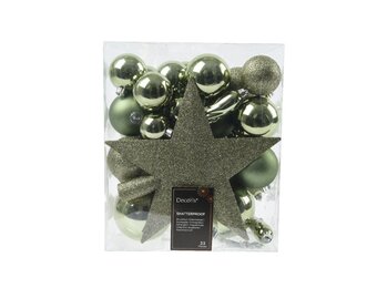 Kerstballen mixbox met piek 33-delig | Rozemarijn | kunststof/onbreekbaar | diverse maten