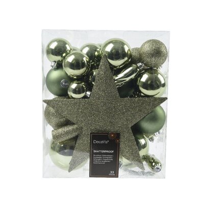 Kerstballen mixbox met piek 33-delig | Rozemarijn | kunststof/onbreekbaar | diverse maten