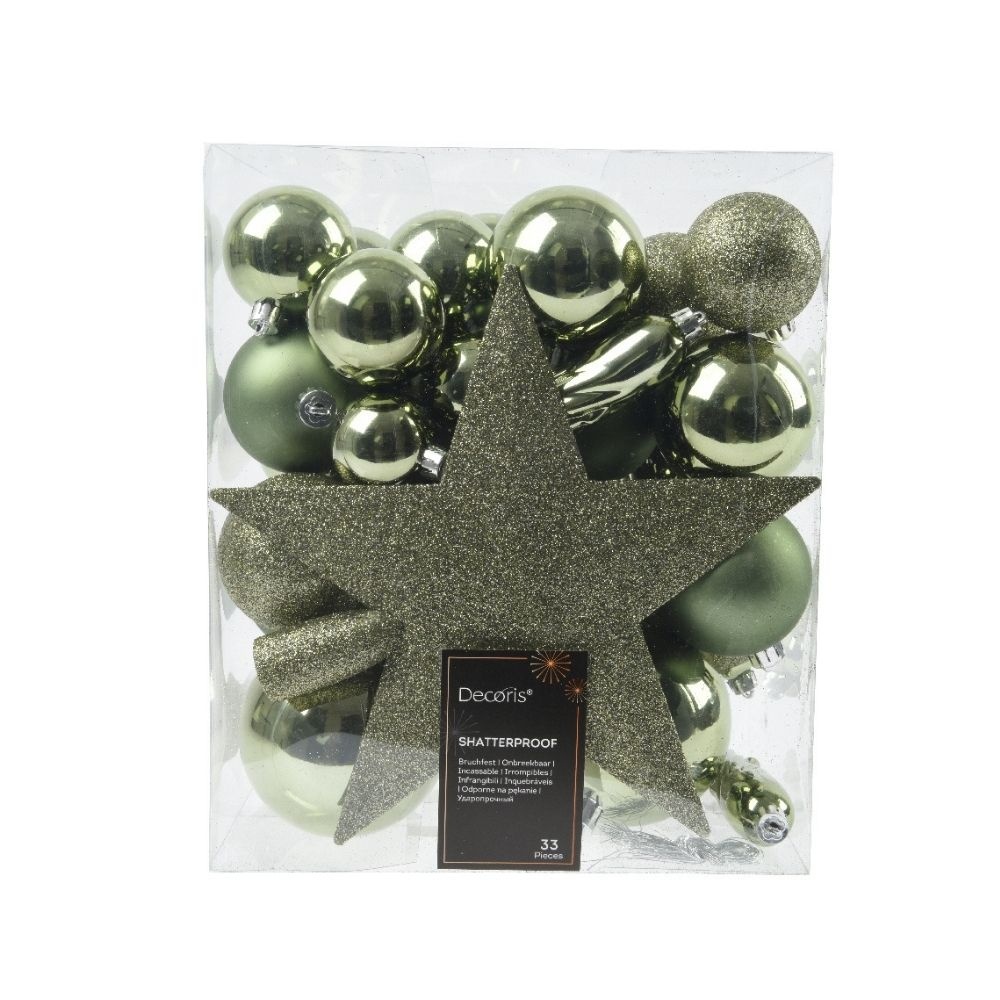 Kerstballen mixbox met piek 33-delig | Rozemarijn | kunststof/onbreekbaar | diverse maten