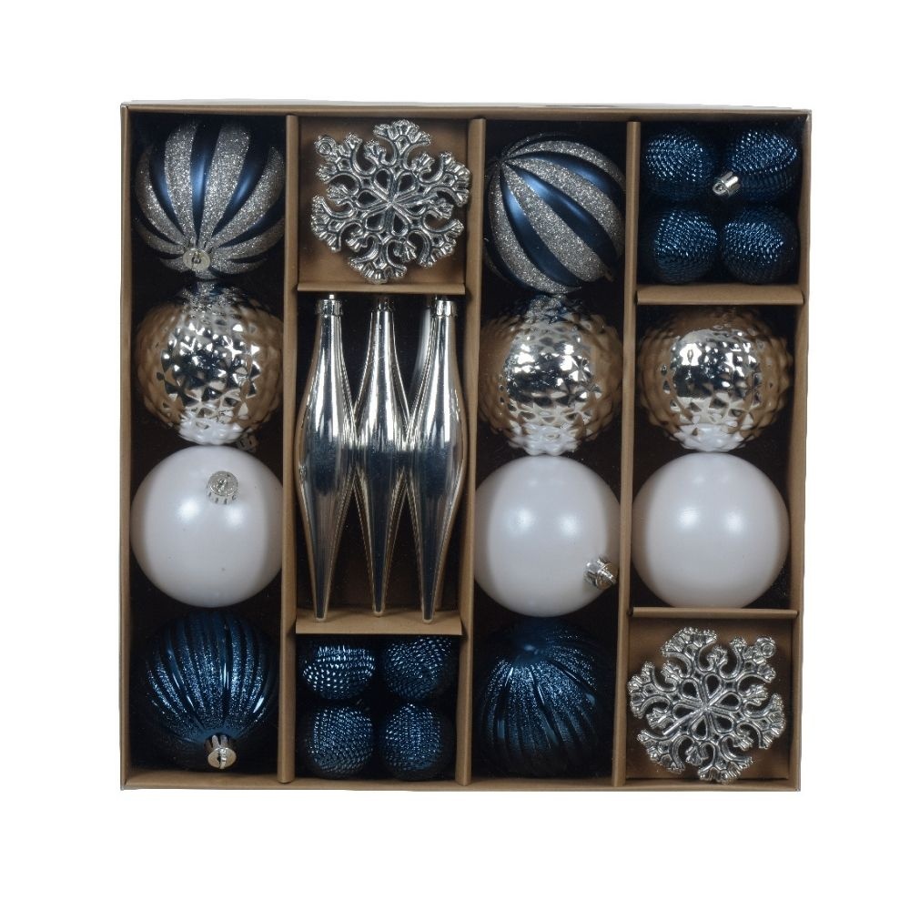 Kerstballen mixbox 46-delig | glanzend/mat/glitter | blauw/zilver/wit
