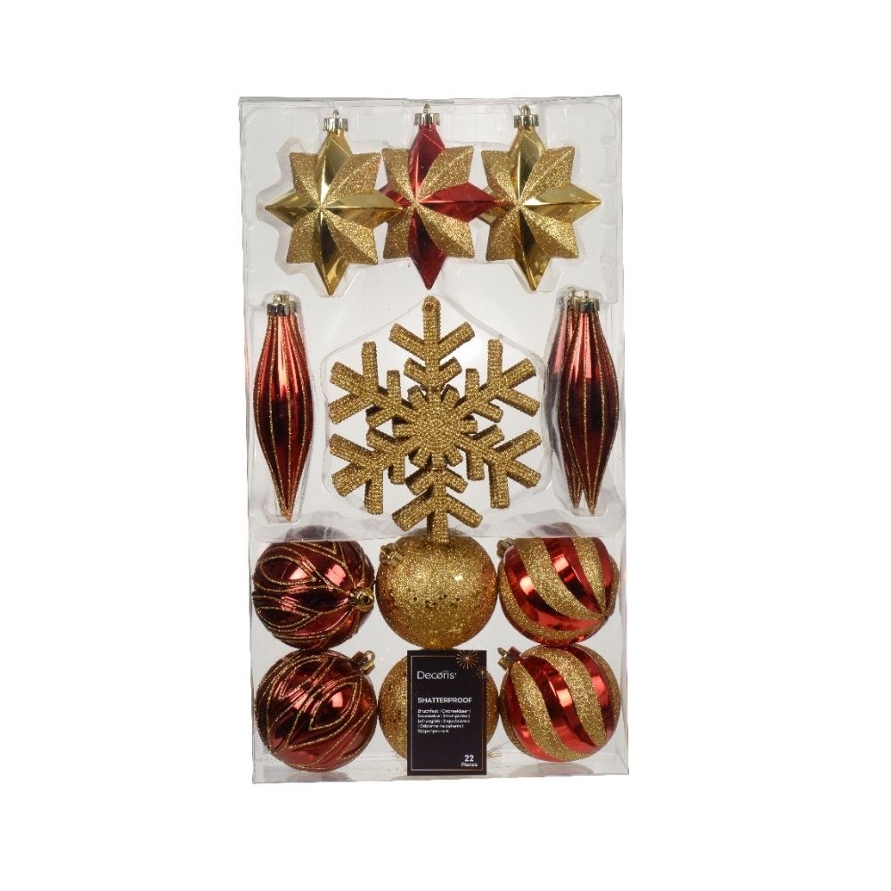 Kerstballen mixbox 22-delig | kerstrood/goud