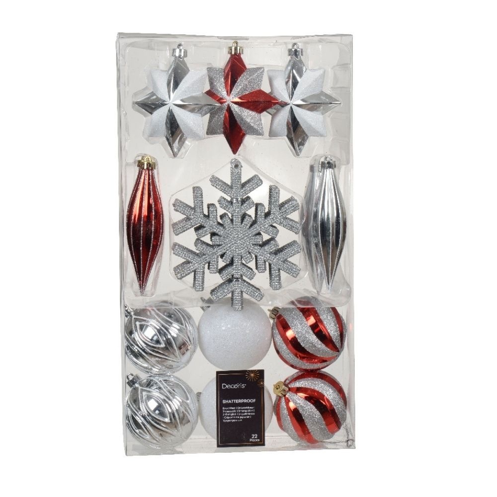 Kerstballen mixbox 22-delig | kerstrood/zilver