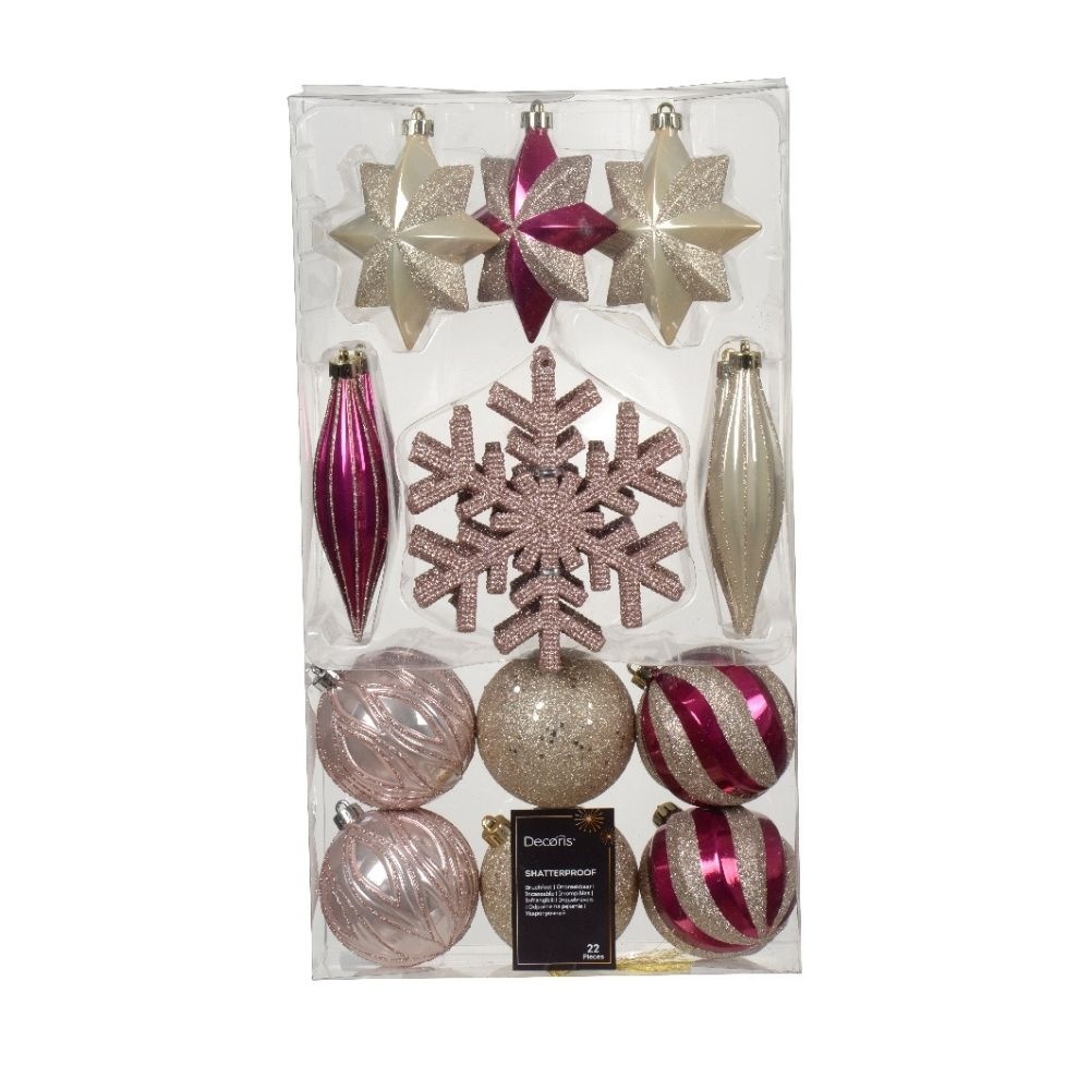 Kerstballen mixbox 22-delig | roze/goud