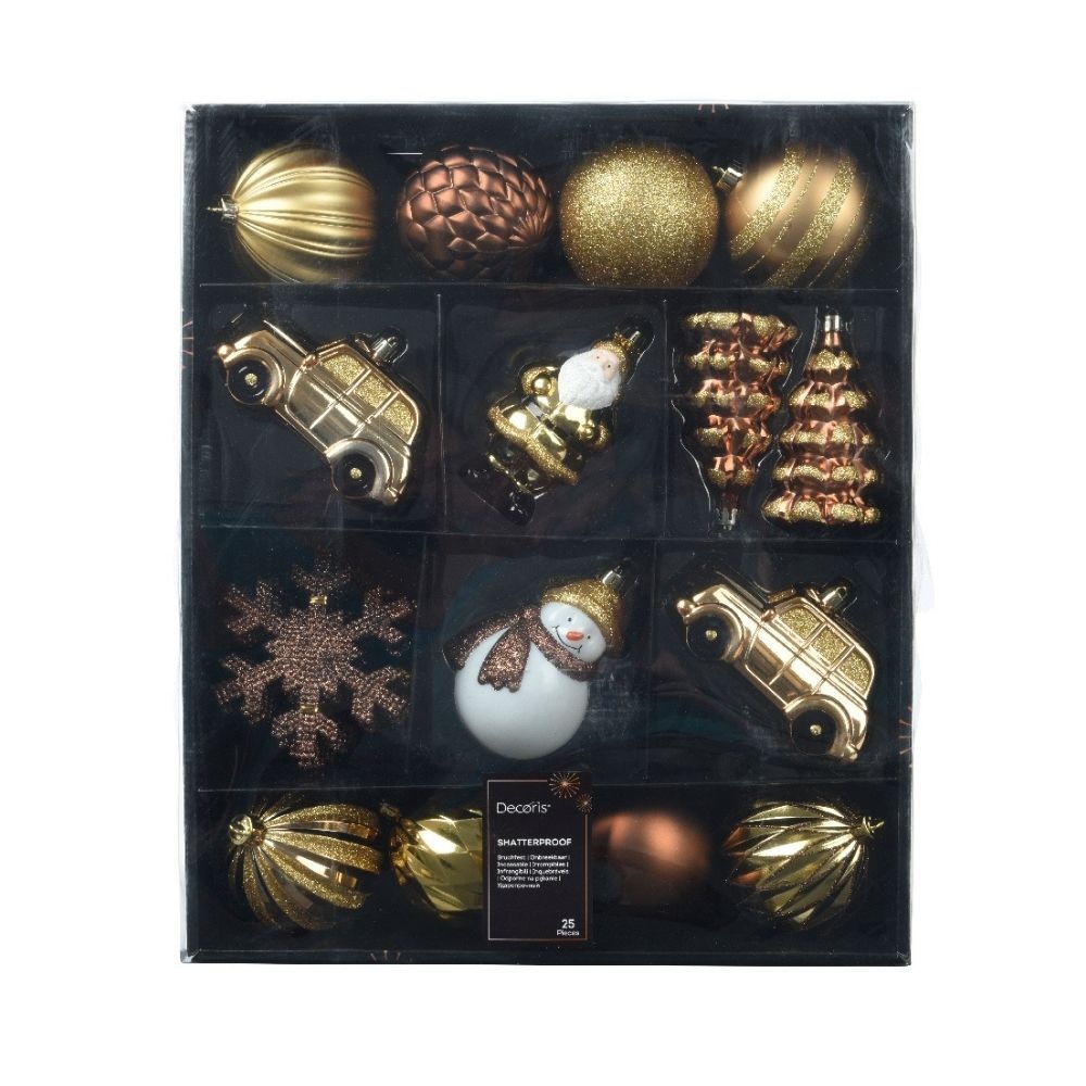 Kerstballen mixbox 25-delig | glanzend/mat/glitter | bruin/goud
