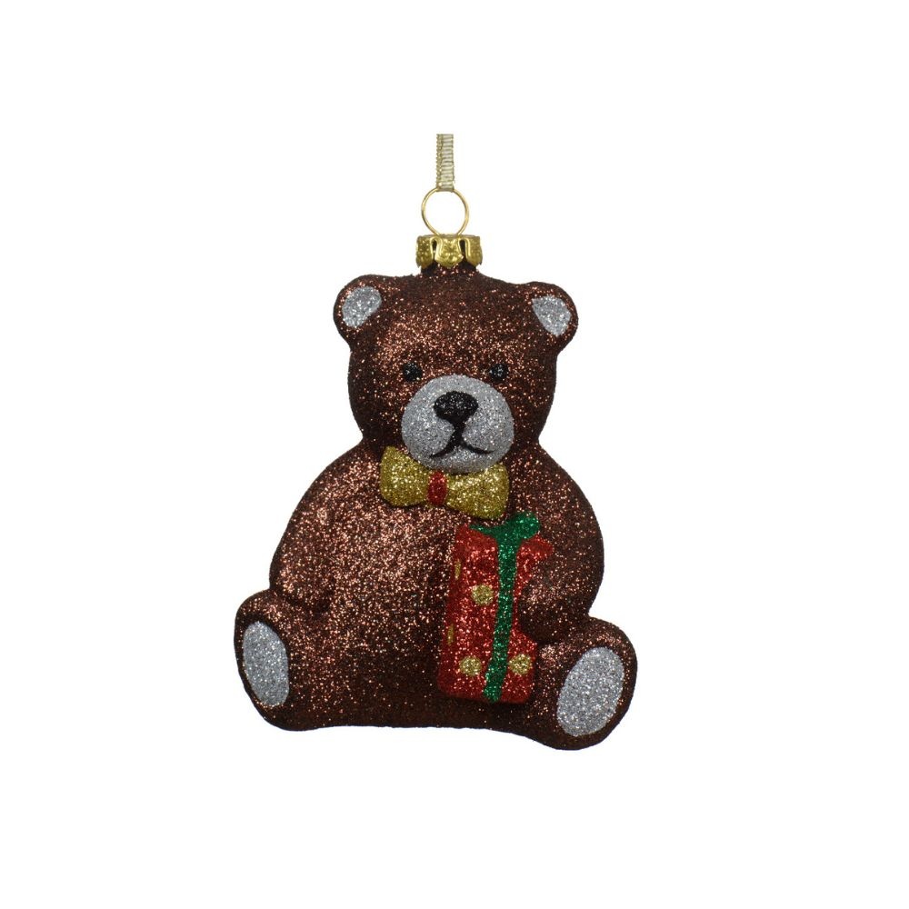 Kersthanger | glitters bruine beer | 9,8cm