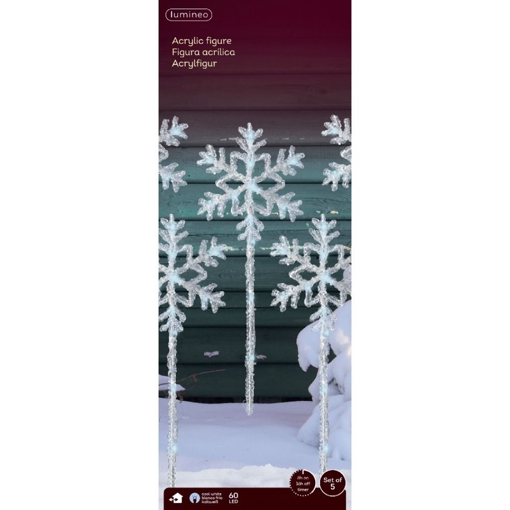 LED tuinsteker sneeuwvlok van acryl set van 5 | geschikt voor buiten | transparent/koel wit