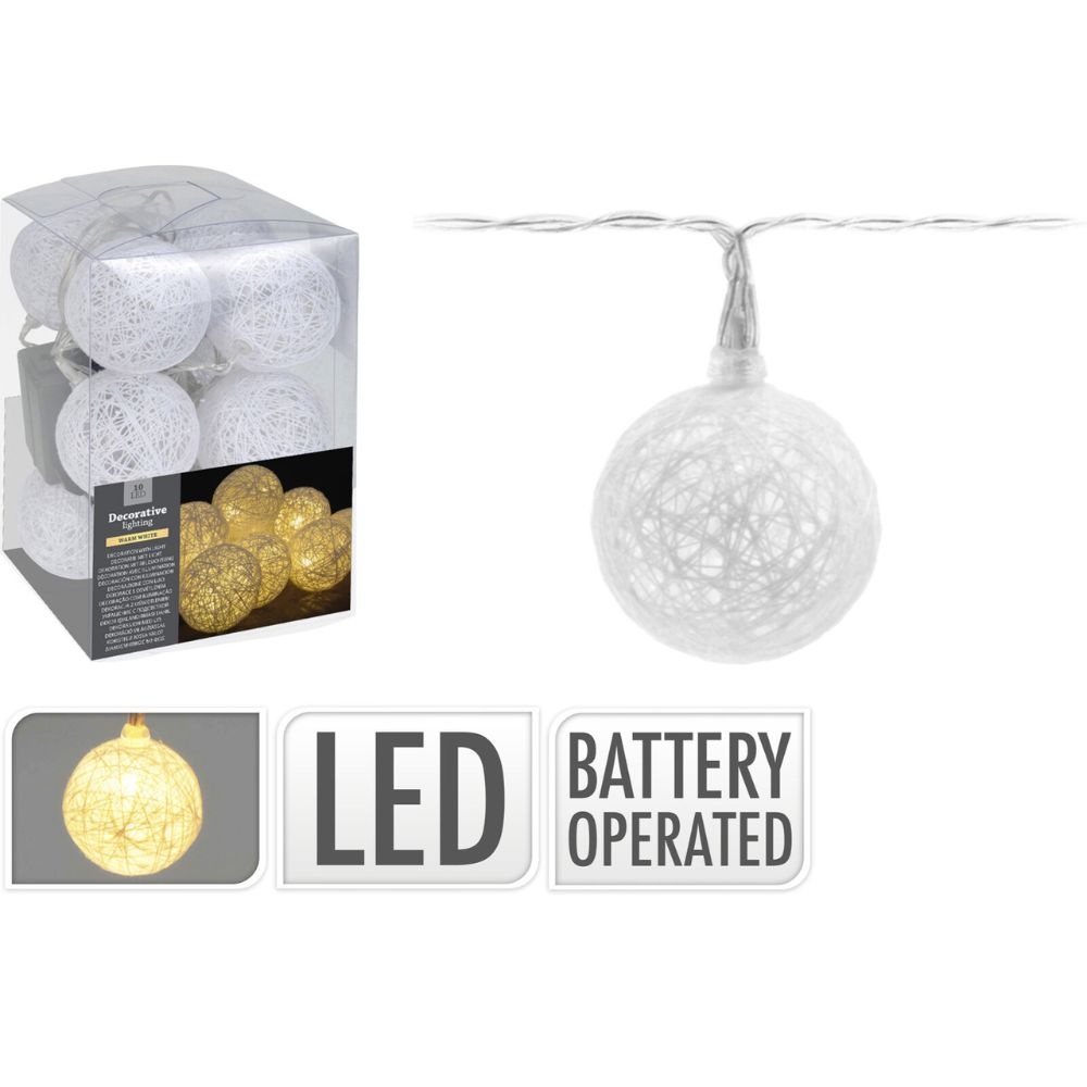 Raffia kerstballen slinger 10 stuks met LED lampjes | wit | 150cm