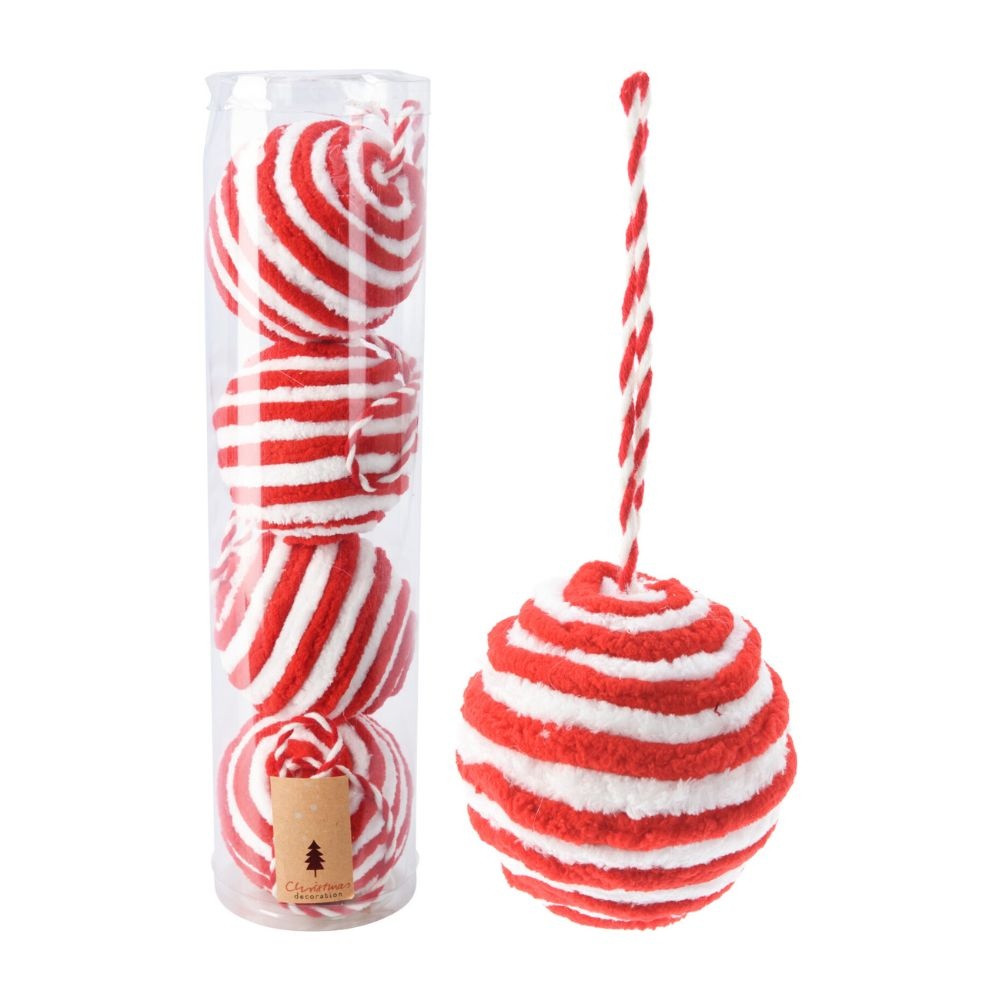 Kerstballen set fluffy rood/wit | 4 stuks | 8cm