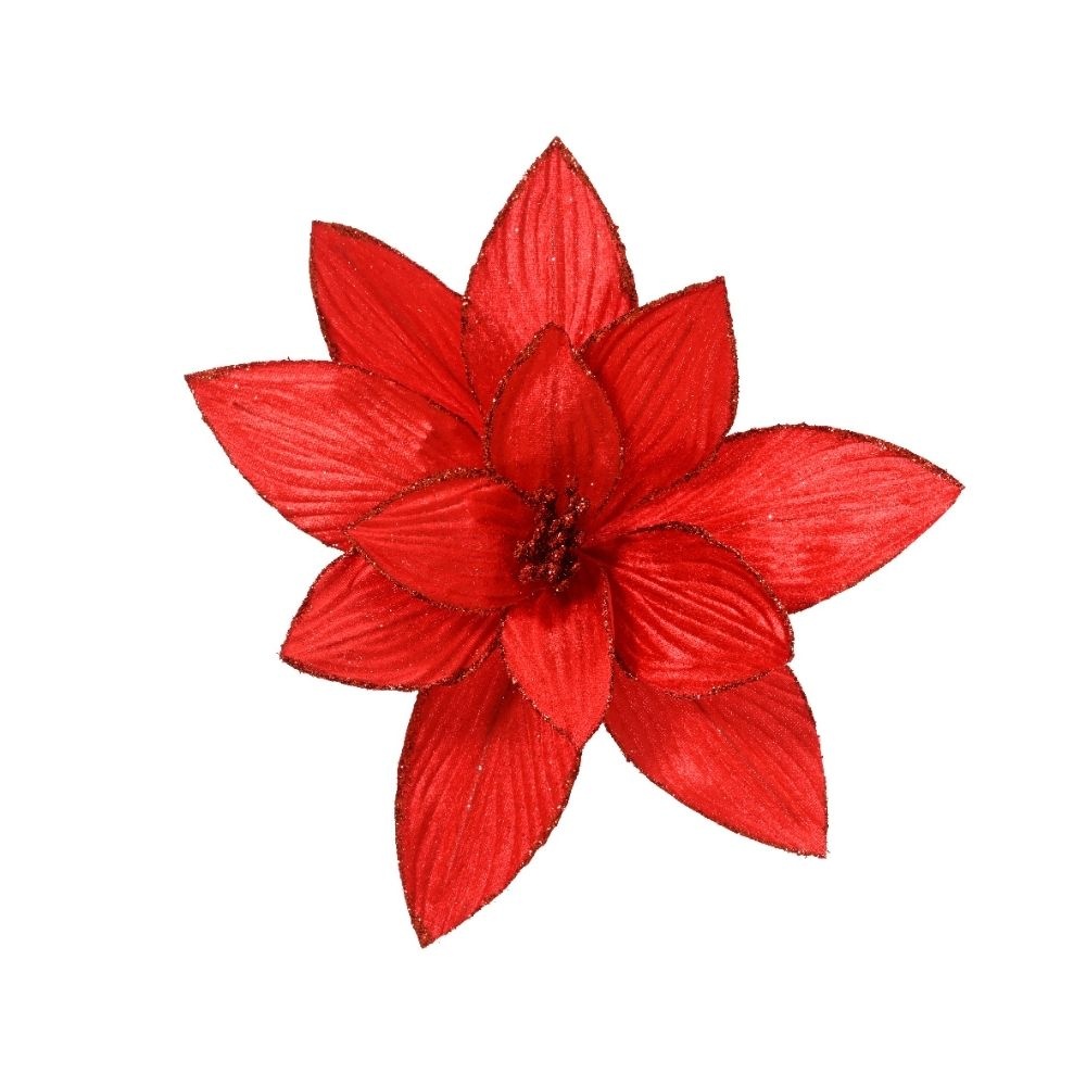 Poinsettia/kerstbloem op clip | polyester | fluweel | rood | 15cm