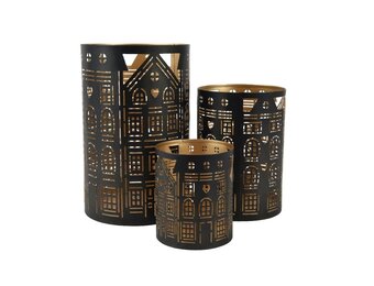 Theelichthouder van ijzer set van 3 | zwart | 20cm