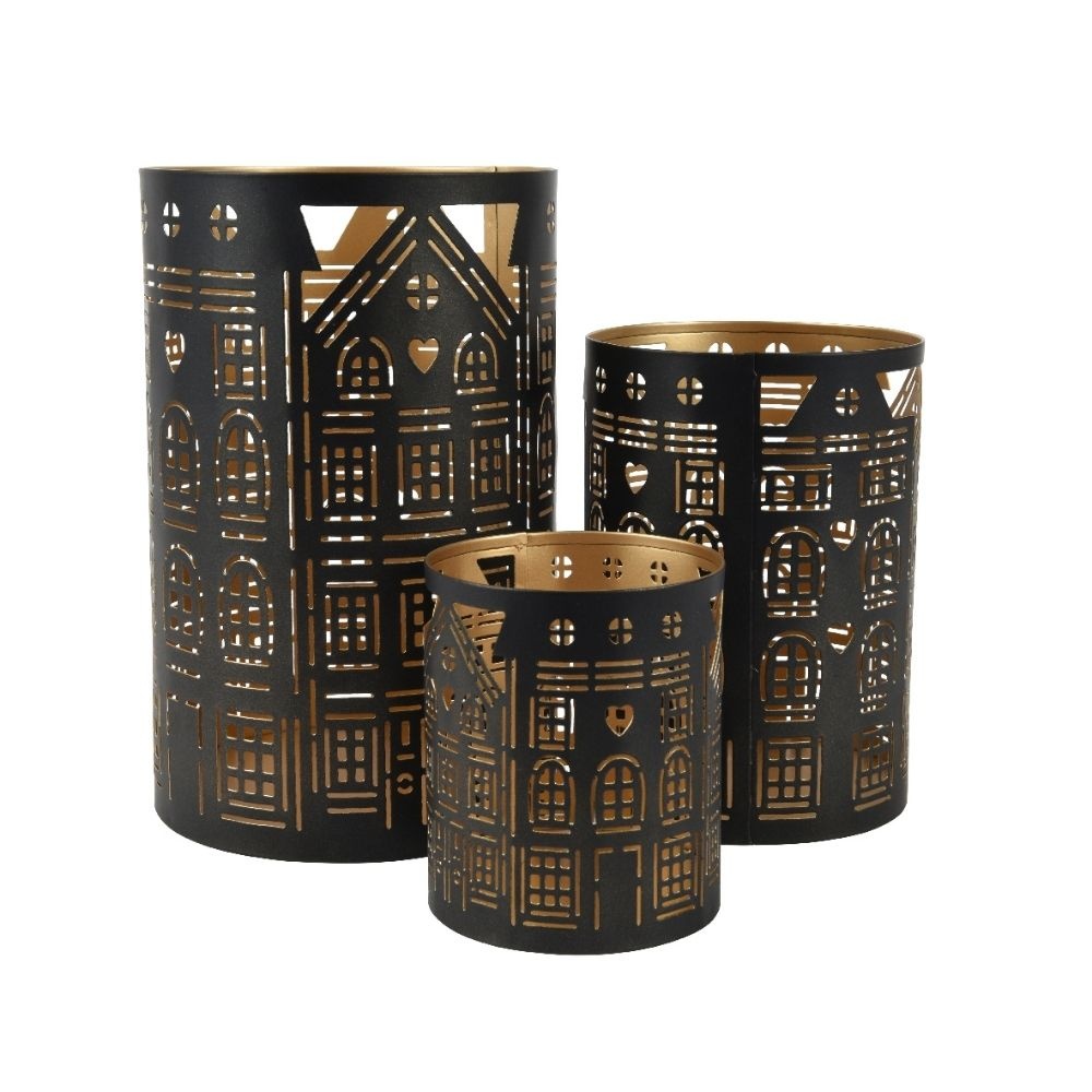 Theelichthouder van ijzer set van 3 | zwart | 20cm