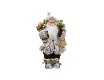 Kerstman in winterse outfit met cadeau zak | polyester | grijs/wit | 30cm