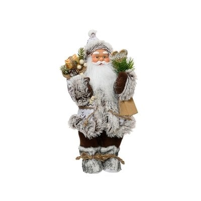 Kerstman in winterse outfit met cadeau zak | polyester | grijs/wit | 30cm