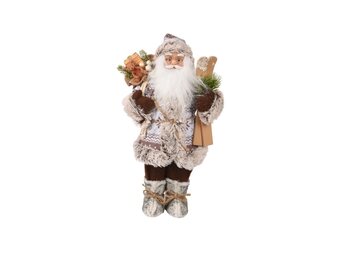 Kerstman in winterse outfit met ski's | polyester | grijs/wit | 45cm