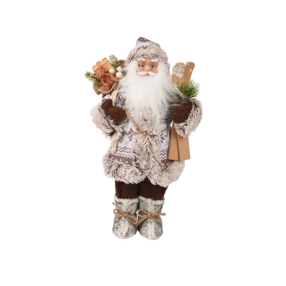 Kerstman in winterse outfit met ski's | polyester | grijs/wit | 45cm