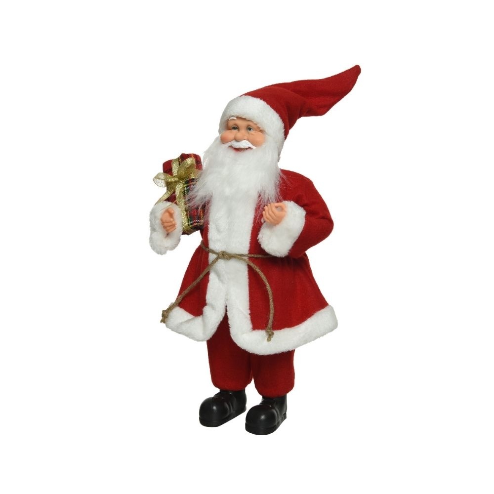 Kerstman met cadeau | polyester | rood/wit | 30cm
