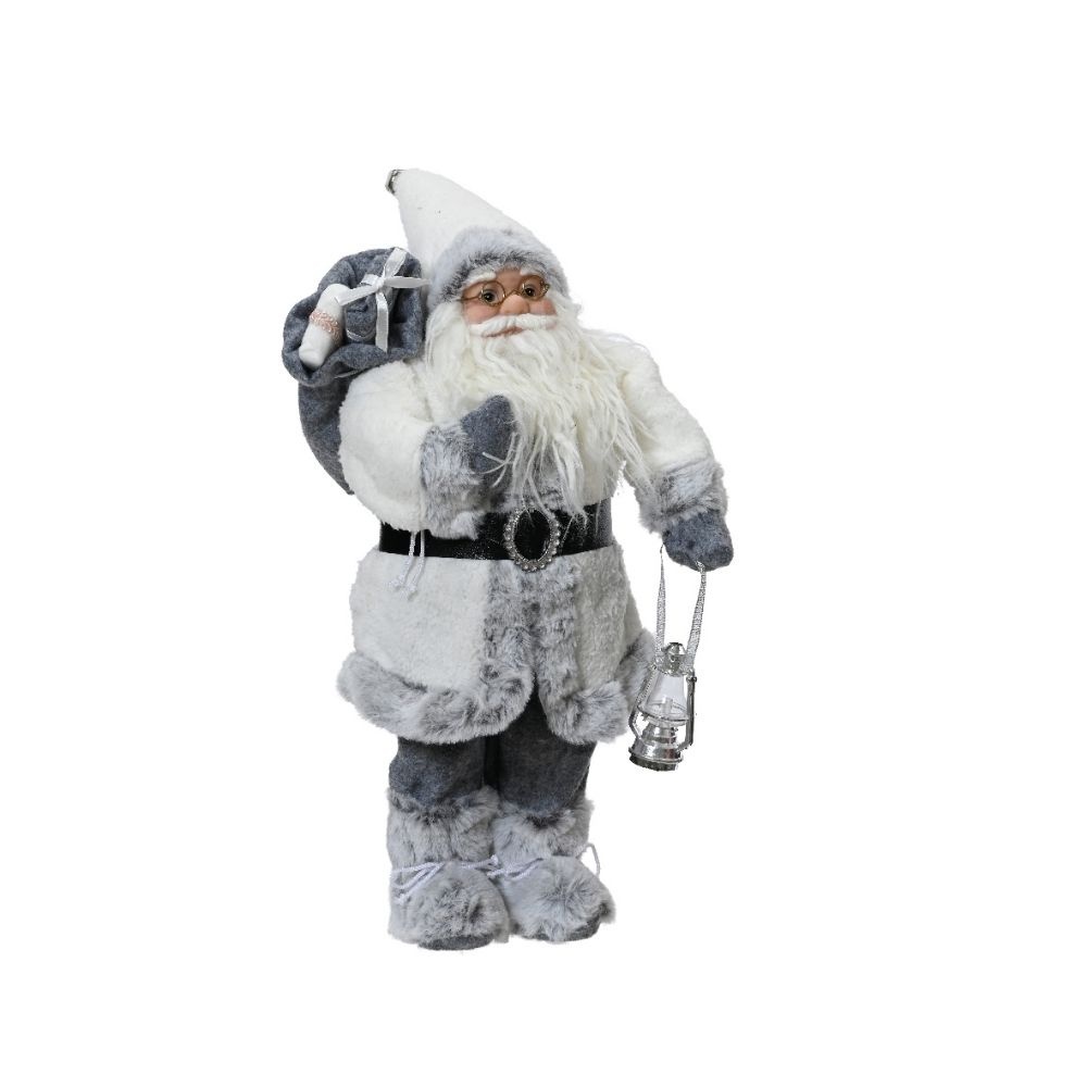 Kerstman in winterse outfit met lamp | polyester | wit/grijs | 60cm