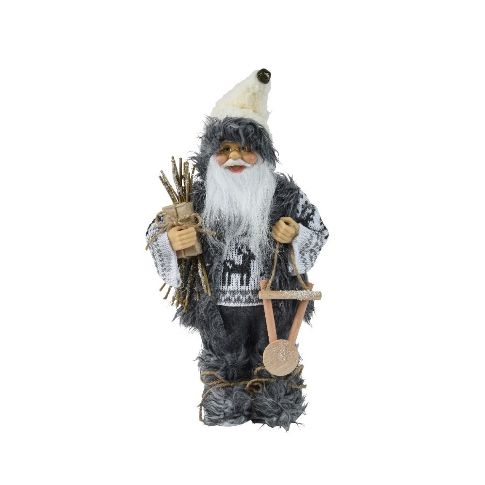 Kerstman pop in winterse outfit en mini slee | polyester | grijs | 45cm