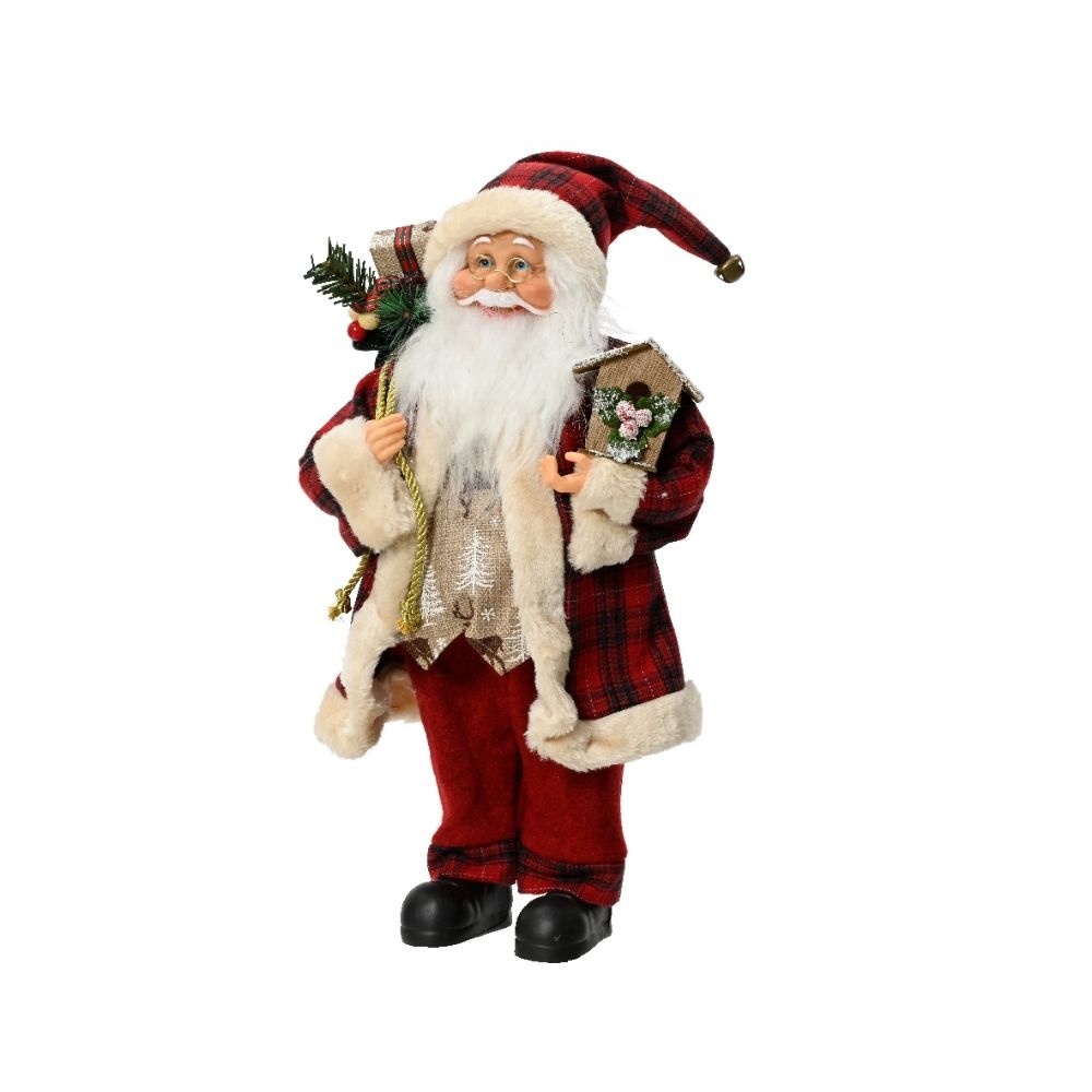 Kerstman in klassieke outfit met huisje | polyester | rood | 45cm