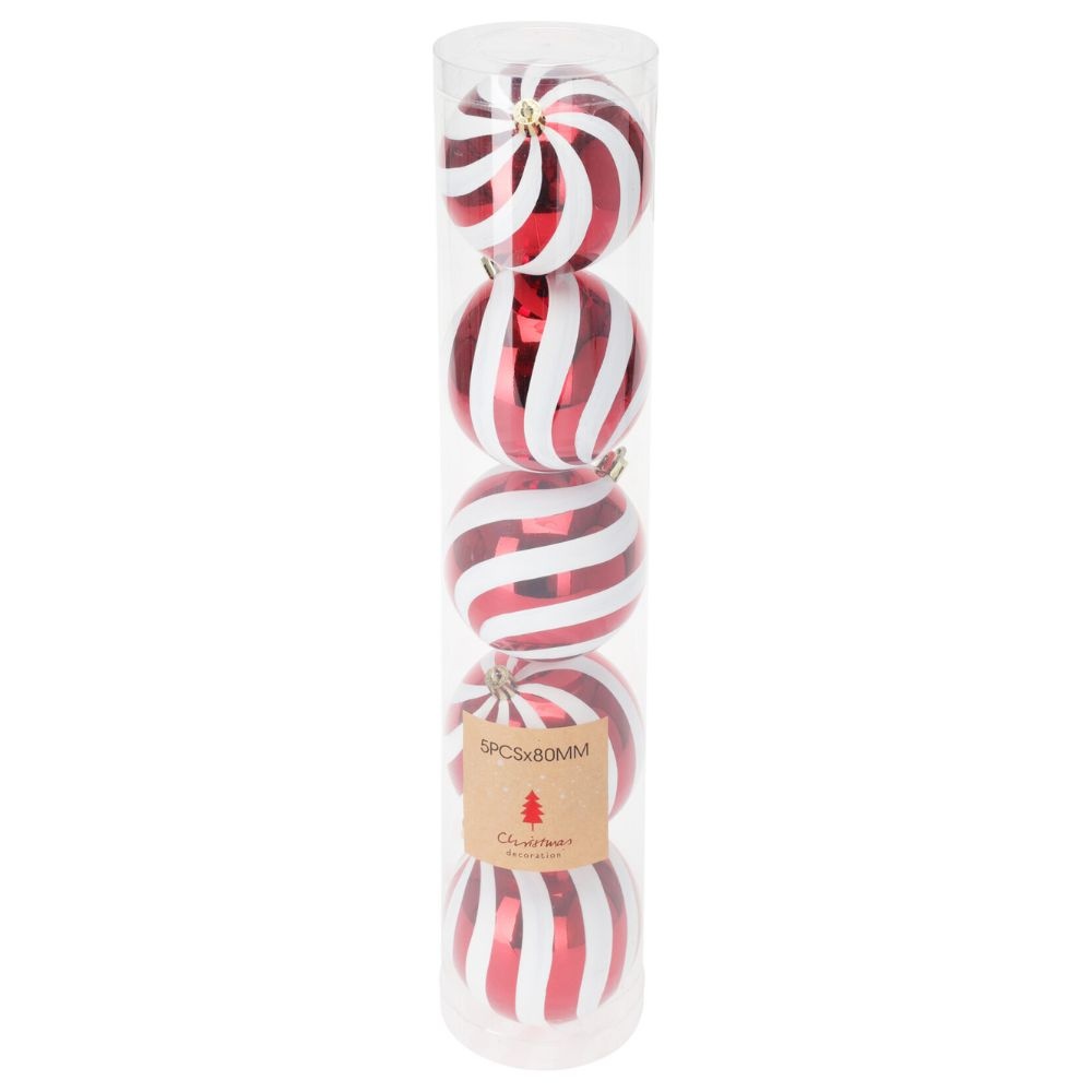 Kerstballen set rood/wit | 5 stuks | 8cm