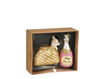 Kersthanger gouden champagnefles/hond | glas | 24cm