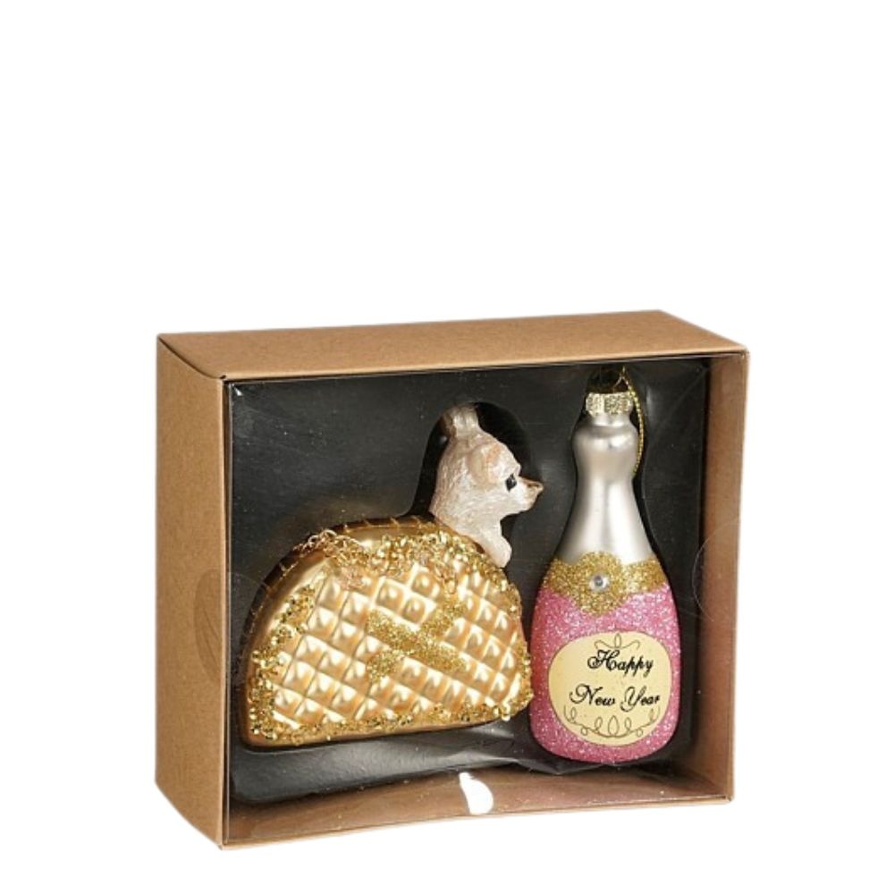 Kersthanger gouden champagnefles/hond | glas | 24cm