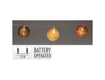 Raffia kerstballen slinger met LED lampjes | zwart/oranje/bruin | Ø6cm