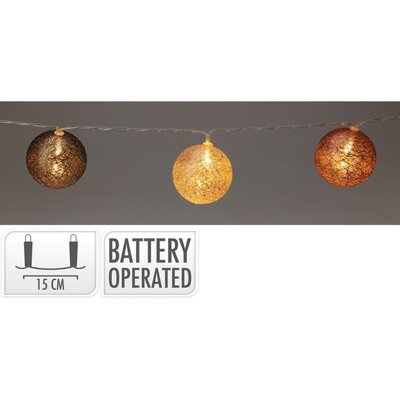 Raffia kerstballen slinger met LED lampjes | zwart/oranje/bruin | Ø6cm