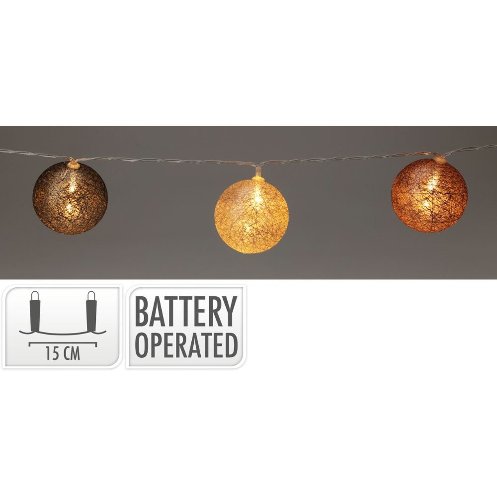 Raffia kerstballen slinger met LED lampjes | zwart/oranje/bruin | Ø6cm