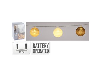 Raffia kerstballen slinger 10 stuks met LED lampjes | creme/bruine | 150cm