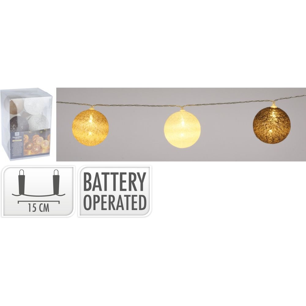 Raffia kerstballen slinger 10 stuks met LED lampjes | creme/bruine | 150cm