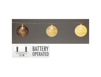 Raffia kerstballen slinger met LED lampjes | zwart/oranje/geel | Ø6cm