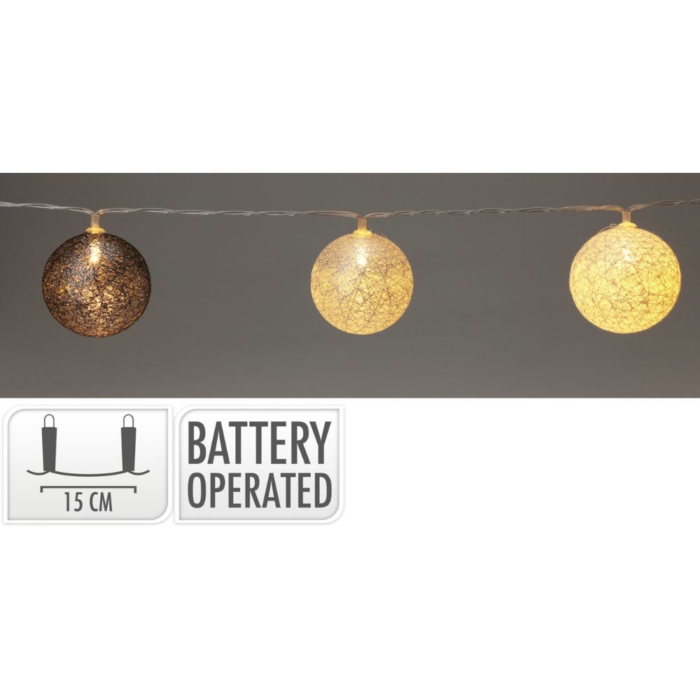 Raffia kerstballen slinger met LED lampjes | zwart/oranje/geel | Ø6cm