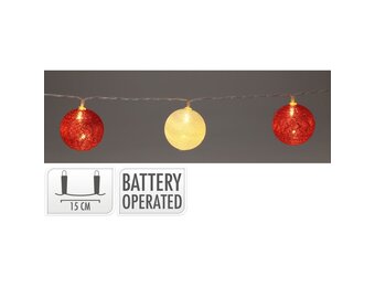 Raffia kerstballen slinger met LED lampjes | rood/oranje/rood | Ø6cm