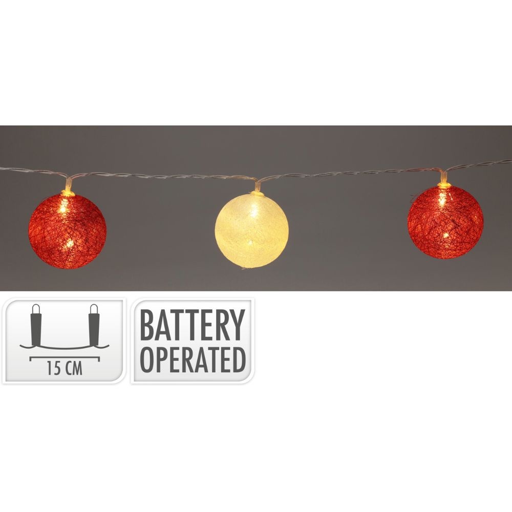 Raffia kerstballen slinger met LED lampjes | rood/oranje/rood | Ø6cm