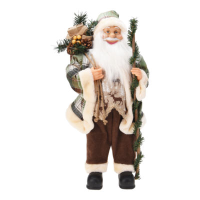 Kerstman met wandelstok en cadeaus | polyester | bruin/creme | 60cm