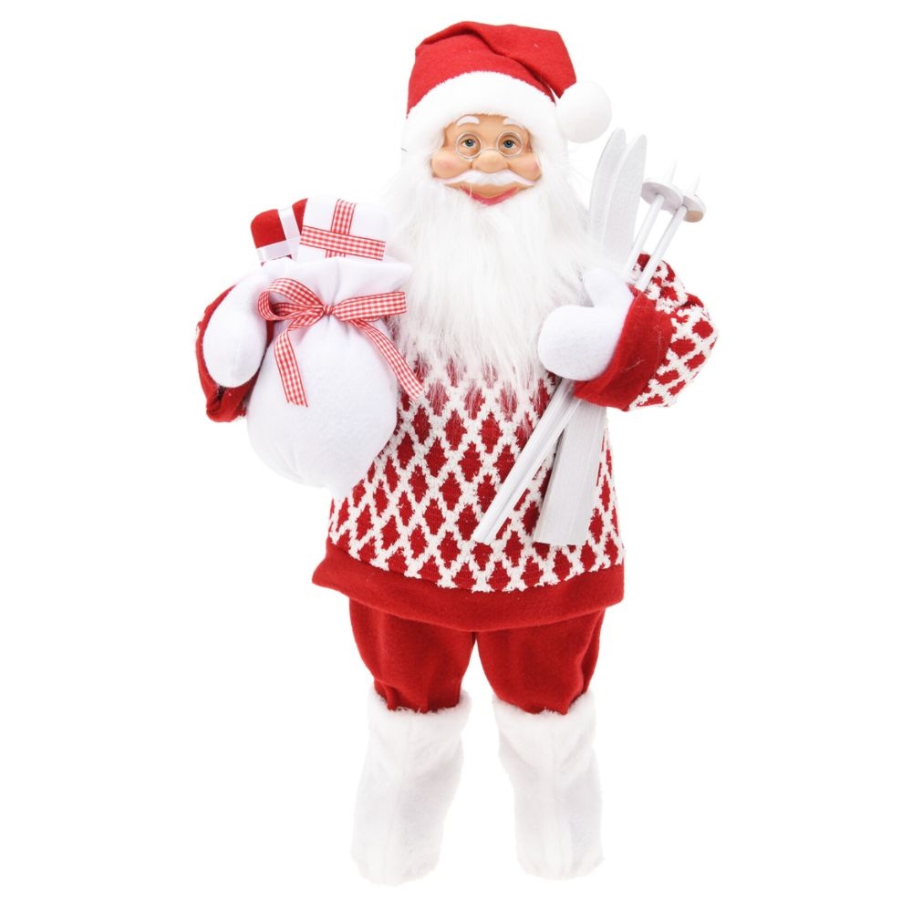 Kerstman pop met cadeau zak en ski's | rood/wit | 60cm