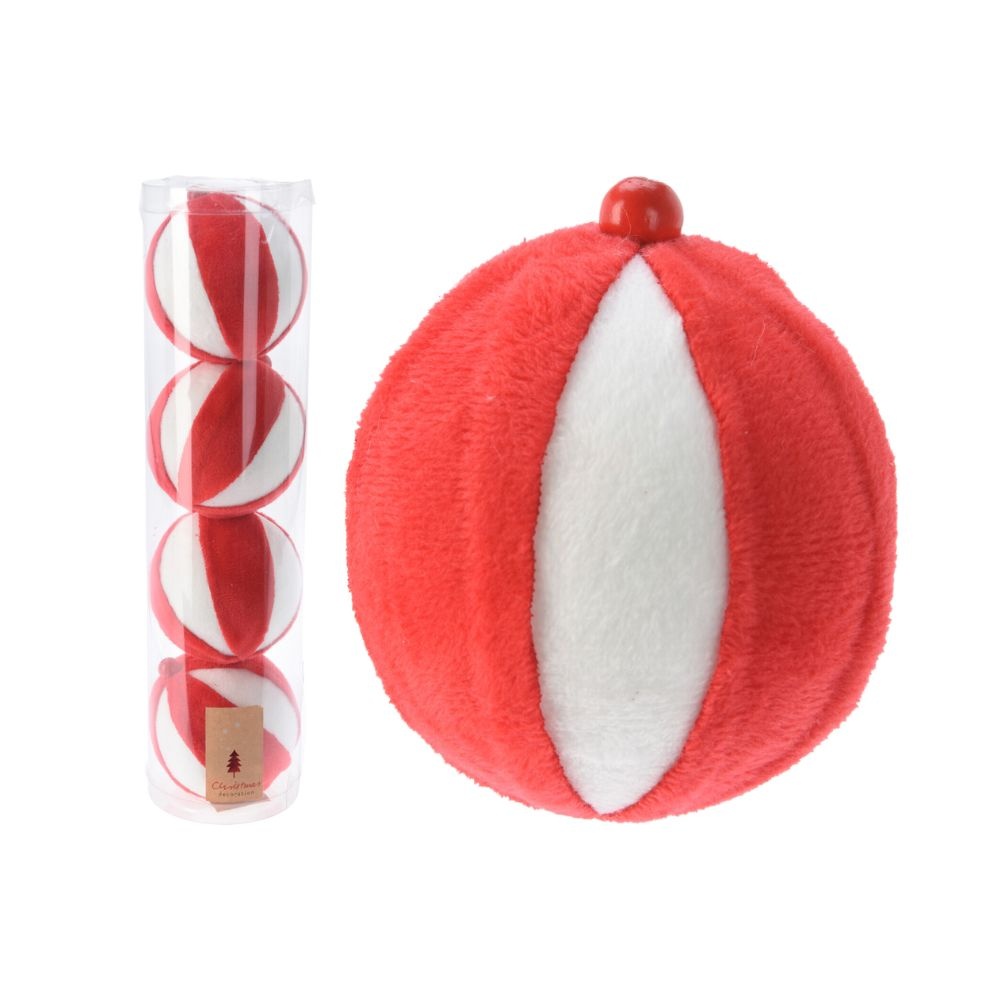 Kerstballen set fluffy rood/wit | 4 stuks | 8cm