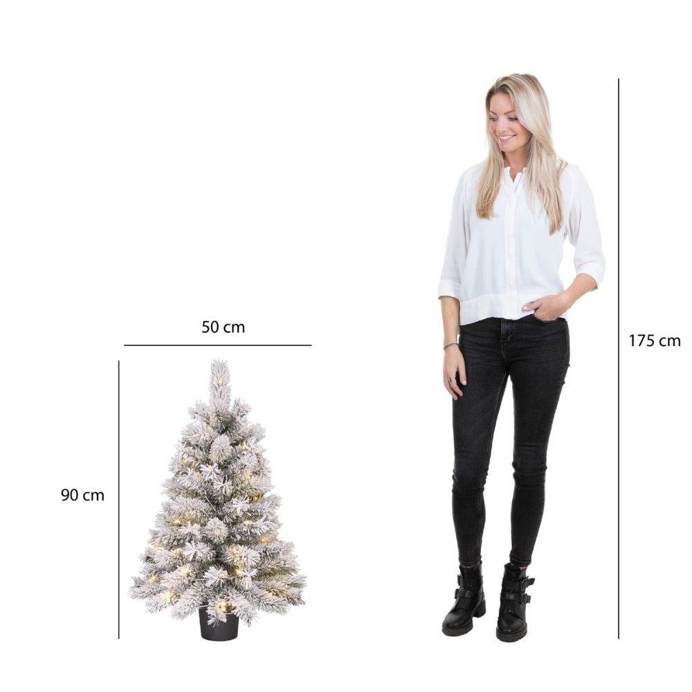 Dinsmore kerstboompje in pot 90xø50cm | groen met bevroren details en 40 LED lampjes