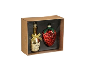 Kersthanger rode champagnefles/aardbei | glas | 24cm